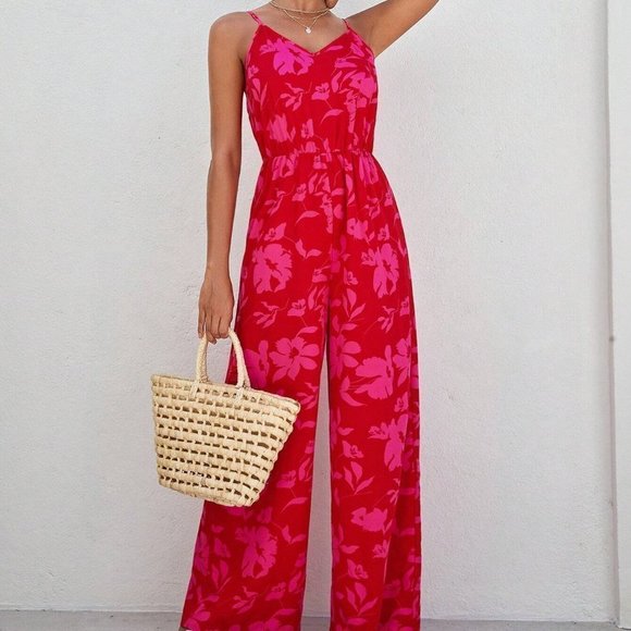 Red Casual Womens Floral Print Cami Jumpsuit - Picture 4 of 5